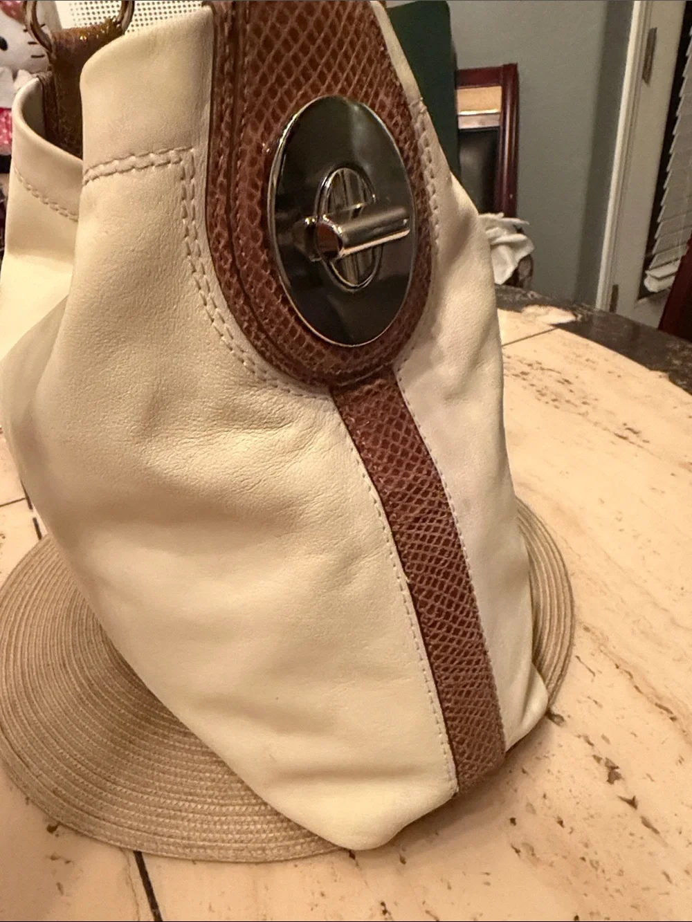 Coach 2011 Cream Hobo Bag with Brown Snake skin Patent Leather Trim & Hangtag